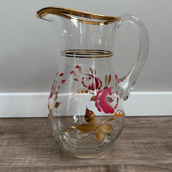 Vintage Hand-Painted Glass Pitcher with Gold Trim floral flowers water juice - Picture 3 of 9